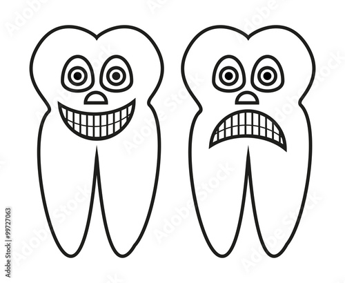 Vector outline cartoon illustration of healthy tooth and rotten tooth