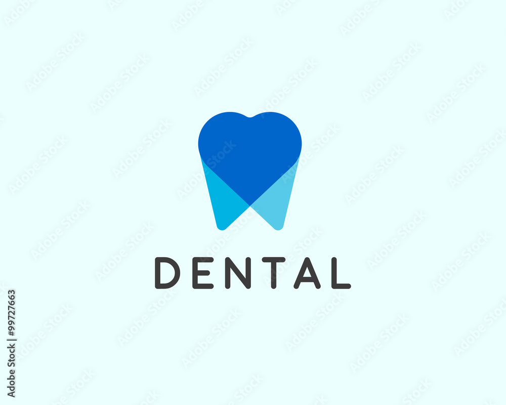 Dentist logo design template. Tooth creative symbol. Dental clinic vector sign heart overlap mark icon.