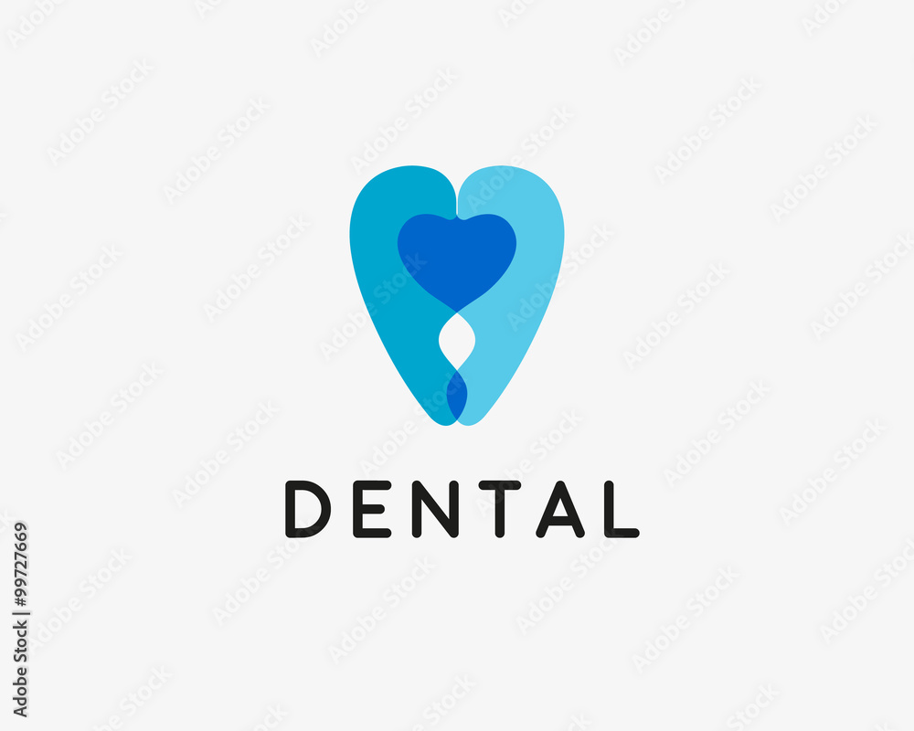 Dentist logo design template. Tooth creative symbol. Dental clinic vector sign heart mark icon.