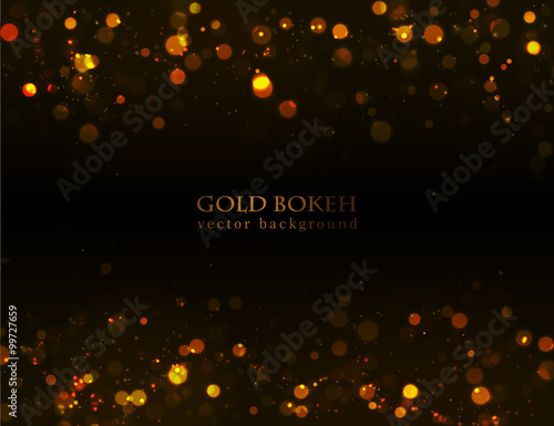 Magic sparkle, gold dots on dark background. Vector bokeh effect. 