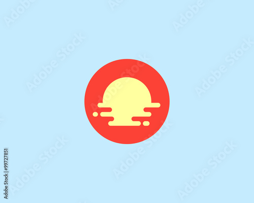 Abstract travel vector logo design template. Creative tourism icon. Modern sun beach vocation logotype. Breakfast food cafe, restaurant idea - sun, plate, egg, omelet.