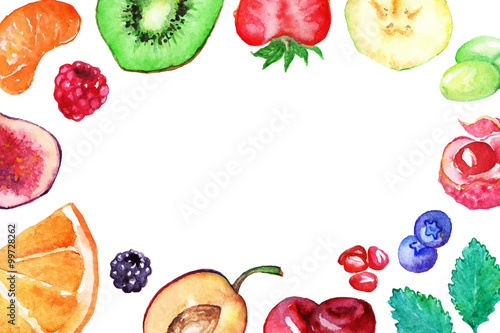 Watercolor kiwi strawberry blueberry blackberry raspberry orange banana grape mint mandarin cherry lychee fig plum pomegranate fruit berry vector set frame isolated