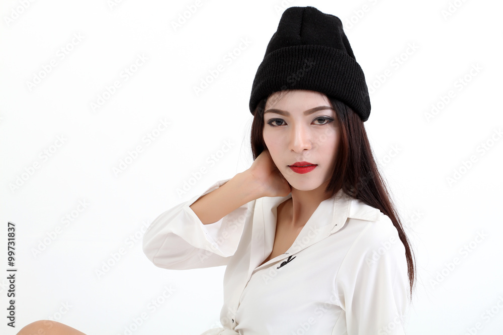 Winter Beauty Woman asia Fashion Girl Concept. Skin and hair care in cold season. Beautiful woman with long hair wearing a sweater, scarf, hat and gloves. Holiday Fashion Portrait.on white background Winter Beauty Woman asia Fashion Girl Concept. Skin and hair care in cold season. Beautiful woman with long hair wearing a sweater, scarf, hat and gloves. Holiday Fashion Portrait.on white background
