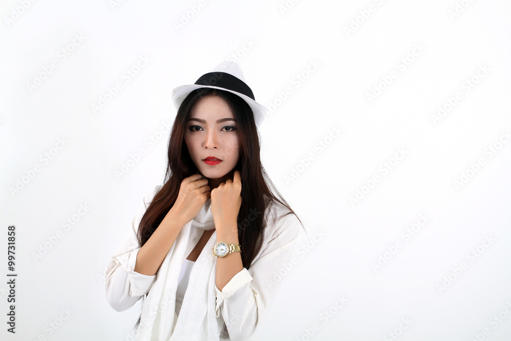 Winter Beauty Woman asia Fashion Girl Concept. Skin and hair care in cold season. Beautiful woman with long hair wearing a sweater, scarf, hat and gloves. Holiday Fashion Portrait.on white background Winter Beauty Woman asia Fashion Girl Concept. Skin and hair care in cold season. Beautiful woman with long hair wearing a sweater, scarf, hat and gloves. Holiday Fashion Portrait.on white background