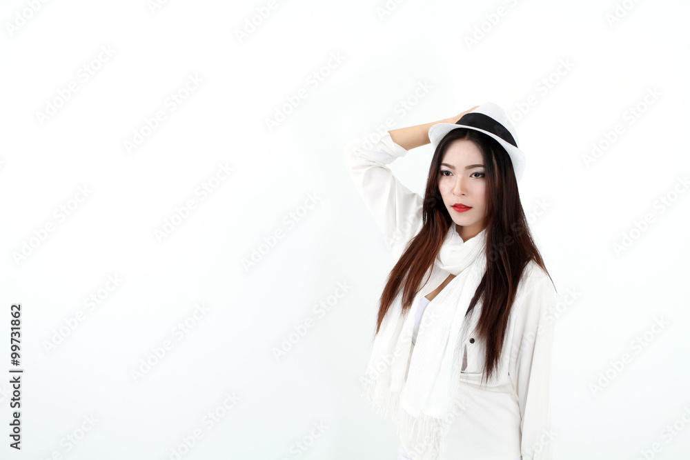 Winter Beauty Woman asia Fashion Girl Concept. Skin and hair care in cold season. Beautiful woman with long hair wearing a sweater, scarf, hat and gloves. Holiday Fashion Portrait.on white background Winter Beauty Woman asia Fashion Girl Concept. Skin and hair care in cold season. Beautiful woman with long hair wearing a sweater, scarf, hat and gloves. Holiday Fashion Portrait.on white background