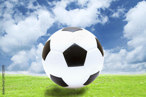 soccer ball in fresh green summer or spring field grass with a b