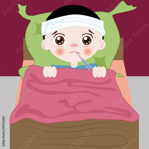 Sick and sad boy in bed with a thermometer in his mouth.