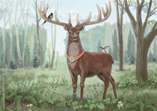 Proud deer standing in the woods, on his horns birds appliances picturesque, watercolor