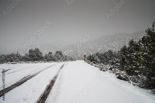 Icy Road in a Winter Storm in Zion National Park, Utah