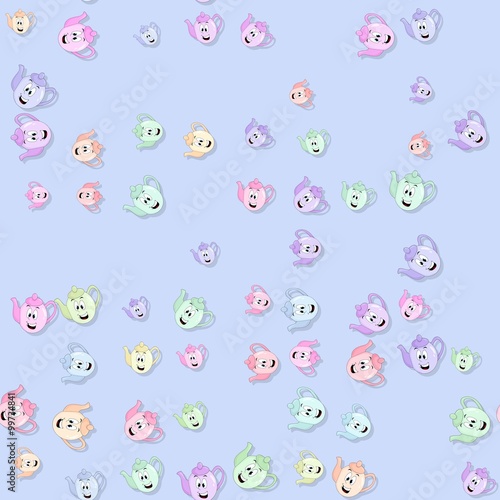 Seamless kettles pattern with drop shadow on blue