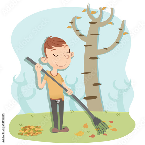 man sweeping leaves