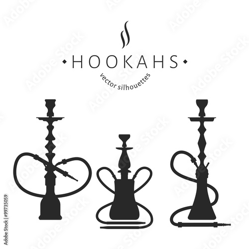 Hookah labels. Set of black hookah vector silhouettes on a white background.