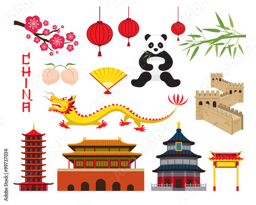 Wallpaper Mural China Objects Set, Travel Attraction, History, Traditional Culture