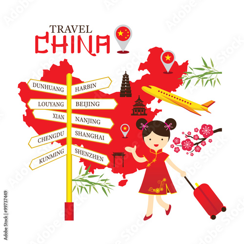 Photography Chinese Girl Travel China with Direction Sign, Tour, Vacation, Map, Destination