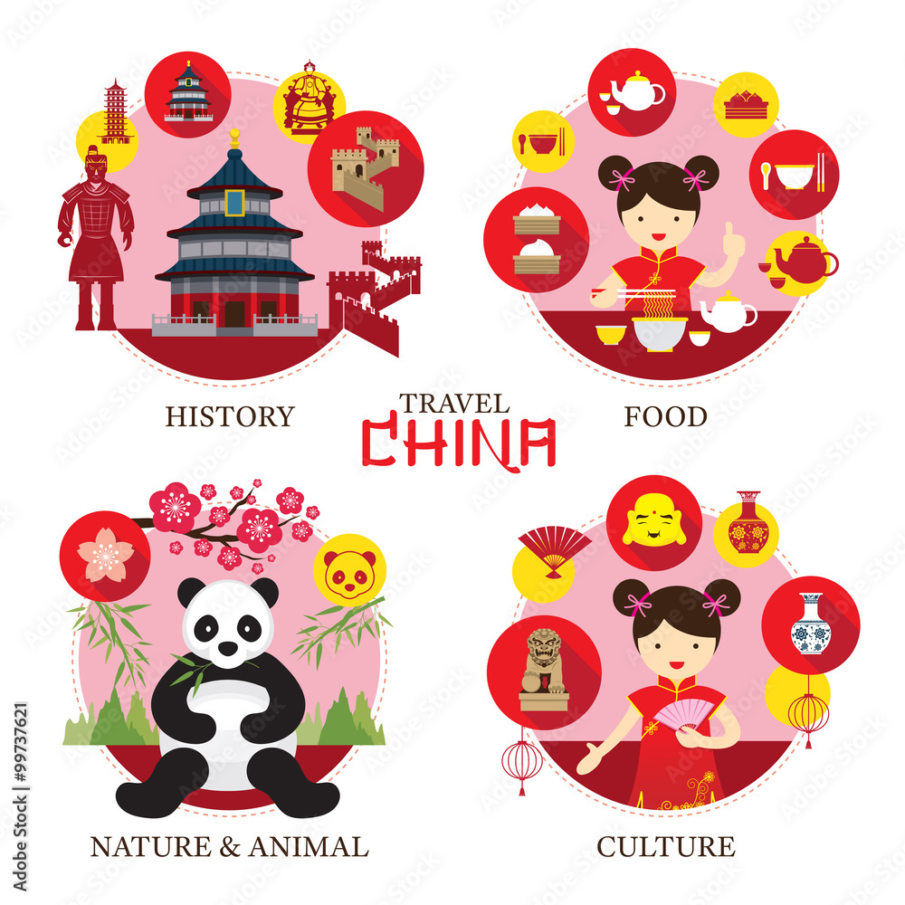 Travel China Concept Label, History, Food, Culture, Nature, Animal, Travel
