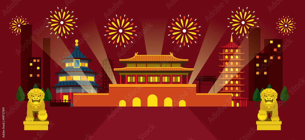 Travel China City, Night Scene, Fireworks, Celebration, New Year's