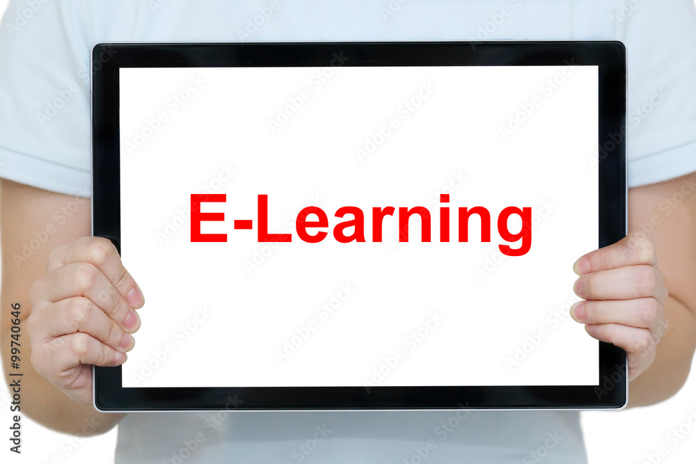 woman hands holding a tablet with e-learing woman hands holding a tablet with e-learing