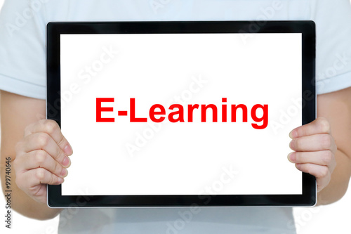 woman hands holding a tablet with e-learing