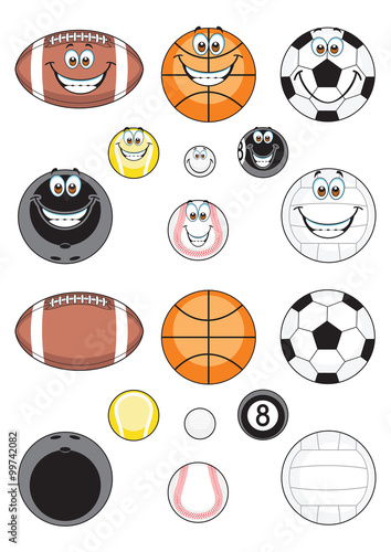 Sport balls illustrated in two versions, simple realistic and cartoon style