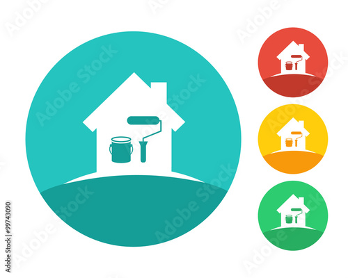 Circle logo design with house and painting tools. Painter and maintenance logo concept. 