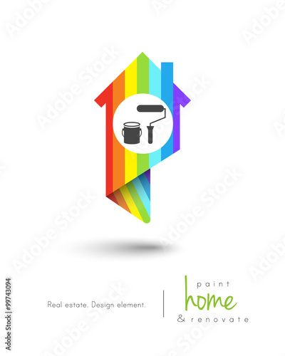 House map pin design with painting tools. Painter and decorator logo concept. 