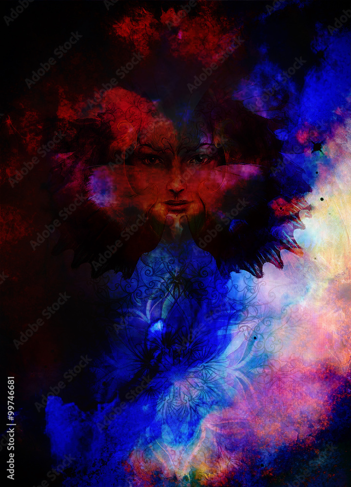 Beautiful Painting Goddess Woman with bird phoenix on your face with ornamental mandala and butterfly wings and color abstract background and eye contact. Beautiful Painting Goddess Woman with bird phoenix on your face with ornamental mandala and butterfly wings and color abstract background and eye contact.