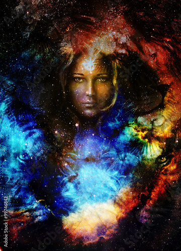 Goodnes woman and lion  and bird in space with galaxi and stars. profile portrait  eye contact.