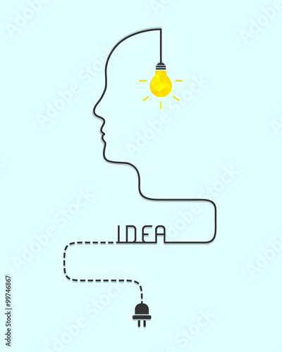 Idea and intelligence concept with shining lightbulb, human  face line and dash line wire