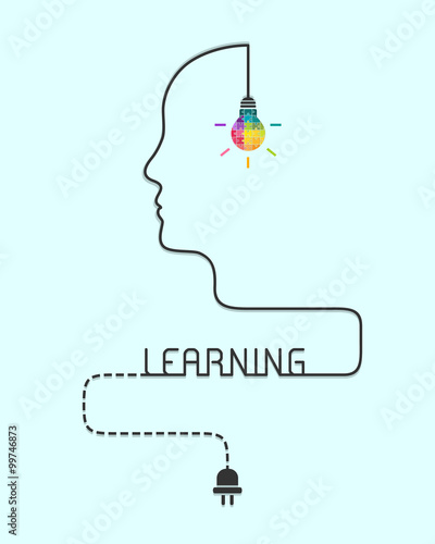 Creative learning concept with lightbulb made of puzzle and human profile line