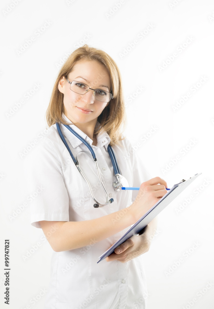 beautiful young female doctor in medical gown and rubber gloves holding a medical records. nurse making entries in medical records beautiful young female doctor in medical gown and rubber gloves holding a medical records. nurse making entries in medical records