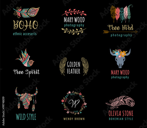 Bohemian, tribal, ethnic icon set with feather