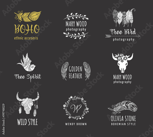 Bohemian, tribal, ethnic icon set with feather