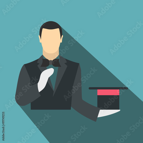 Magician in a black suit holding an empty top hat