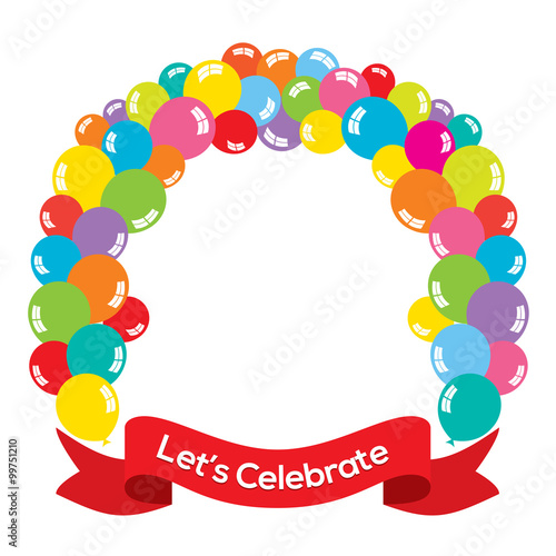 Colorful Balloons Arch With Red Ribbon.