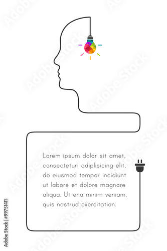 Bubble template with creative thinking and learning concept. Colorful lightbulb and human profile line made of  wire.
