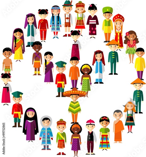 Set of international people in traditional costumes around the world