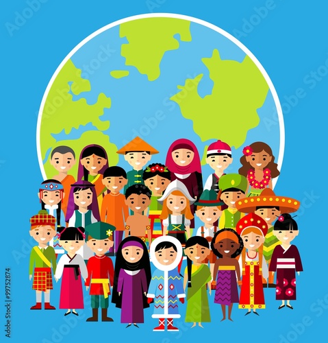 Set of international people in traditional costumes around the world