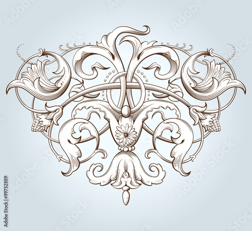 Vintage decorative element engraving with Baroque ornament pattern. Hand drawn vector illustration