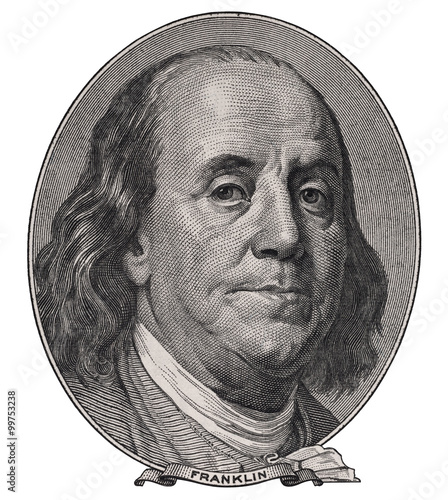 Benjamin Franklin face on us one hundred dollar bill macro isolated, united states money closeup