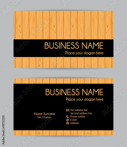Natural wooden graphic business card design. Front and back. Vector set.	