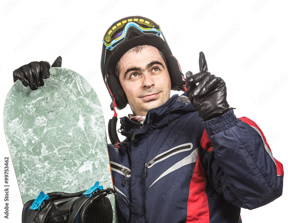 Male snowboarder with the board. Male snowboarder with the board.