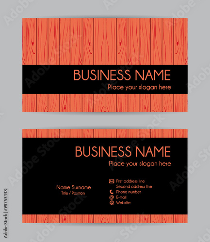 Red orange wooden graphic business card design. Front and back. Vector set.	