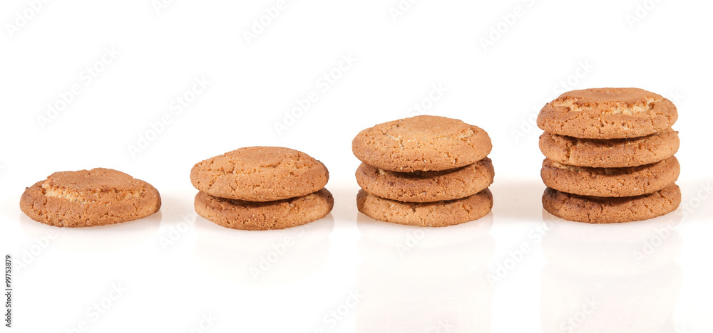 Four step of liner increase by oatmeal cookie on white backgroun Four step of liner increase by oatmeal cookie on white backgroun