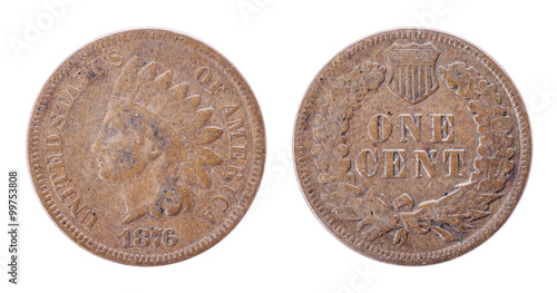 1876 Indian Head Small Cent Penny. USA. Both sides isolated on white background. Old coin.