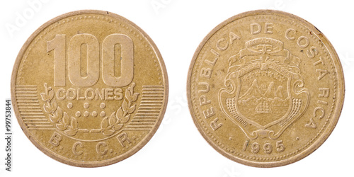 100 Colones REPUBLICA DE COSTA RICA. 1995. AMERICA CENTRAL. Both sides isolated on white background.