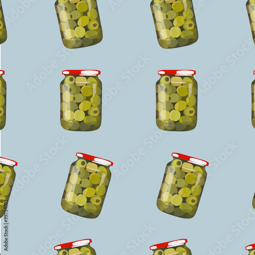 pickles in jars. Pattern of pickled realistic olives. Colorful Vector illustration.