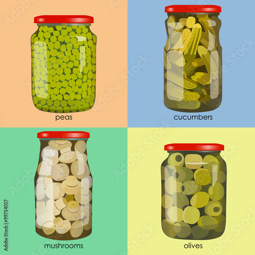 pickles set in jars. Pickled realistic vegetables. Peas, mushrooms, olives, cucumbers. Colorful Vector illustration.