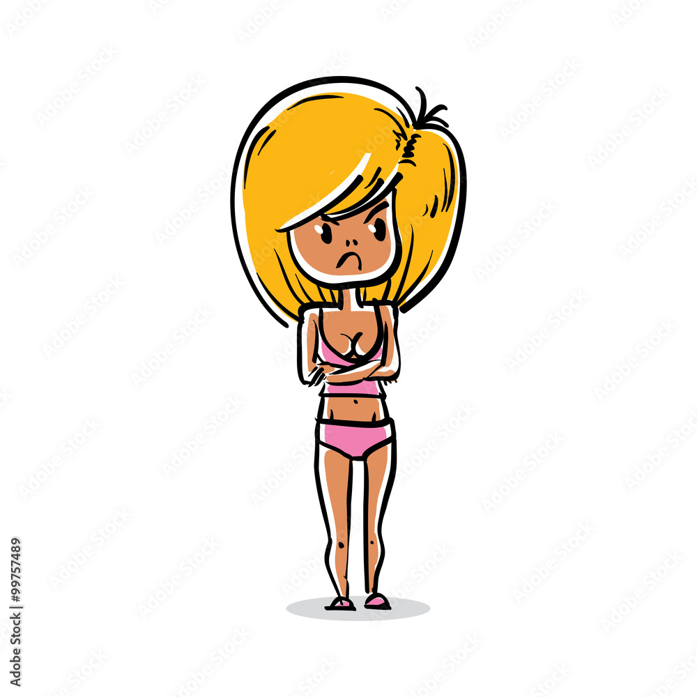 Cartoon illustration Caucasian type angry woman, attractive blonde