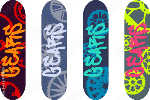 Vector skateboard design pack with graffiti tags and bike gears
