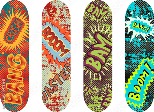 Vector skateboard design pack with cartoon style effects
